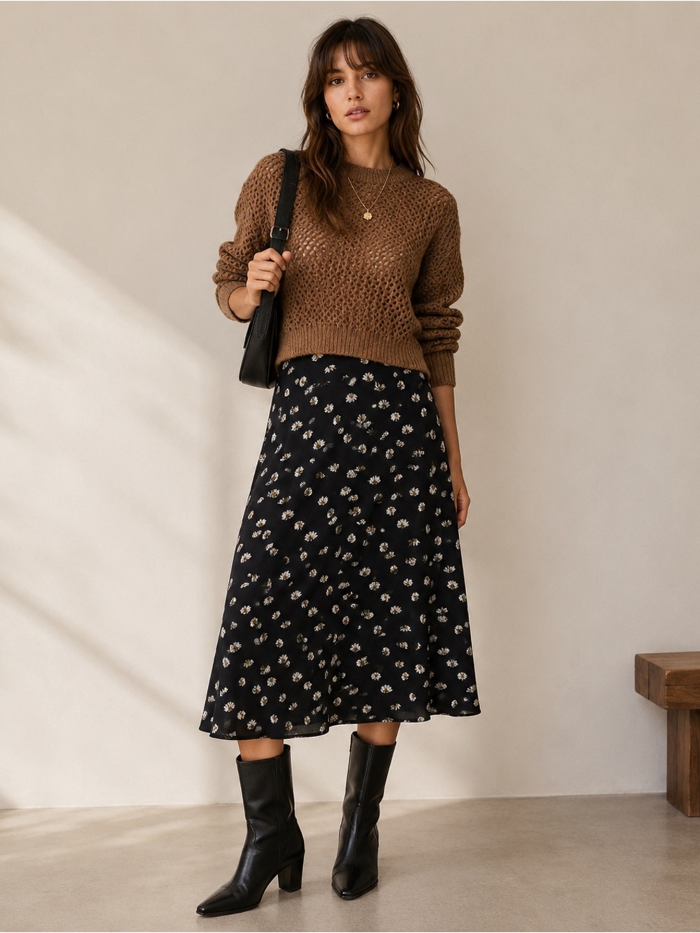 Aritzia Wilfred Black Daisy Ditsy Floral Midi Skirt 00